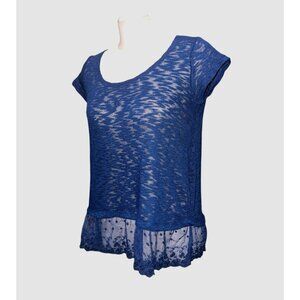 Wallflower Sheer Lace Hem Blue Short Sleeve Top  Size Large Womens Navy Blue